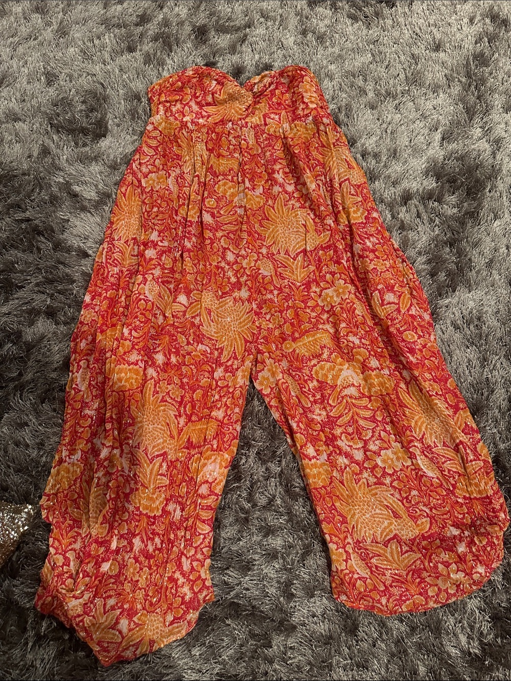 Strapless Anthropologie Floral Wide-Leg Jumpsuit in Red & Orange xl